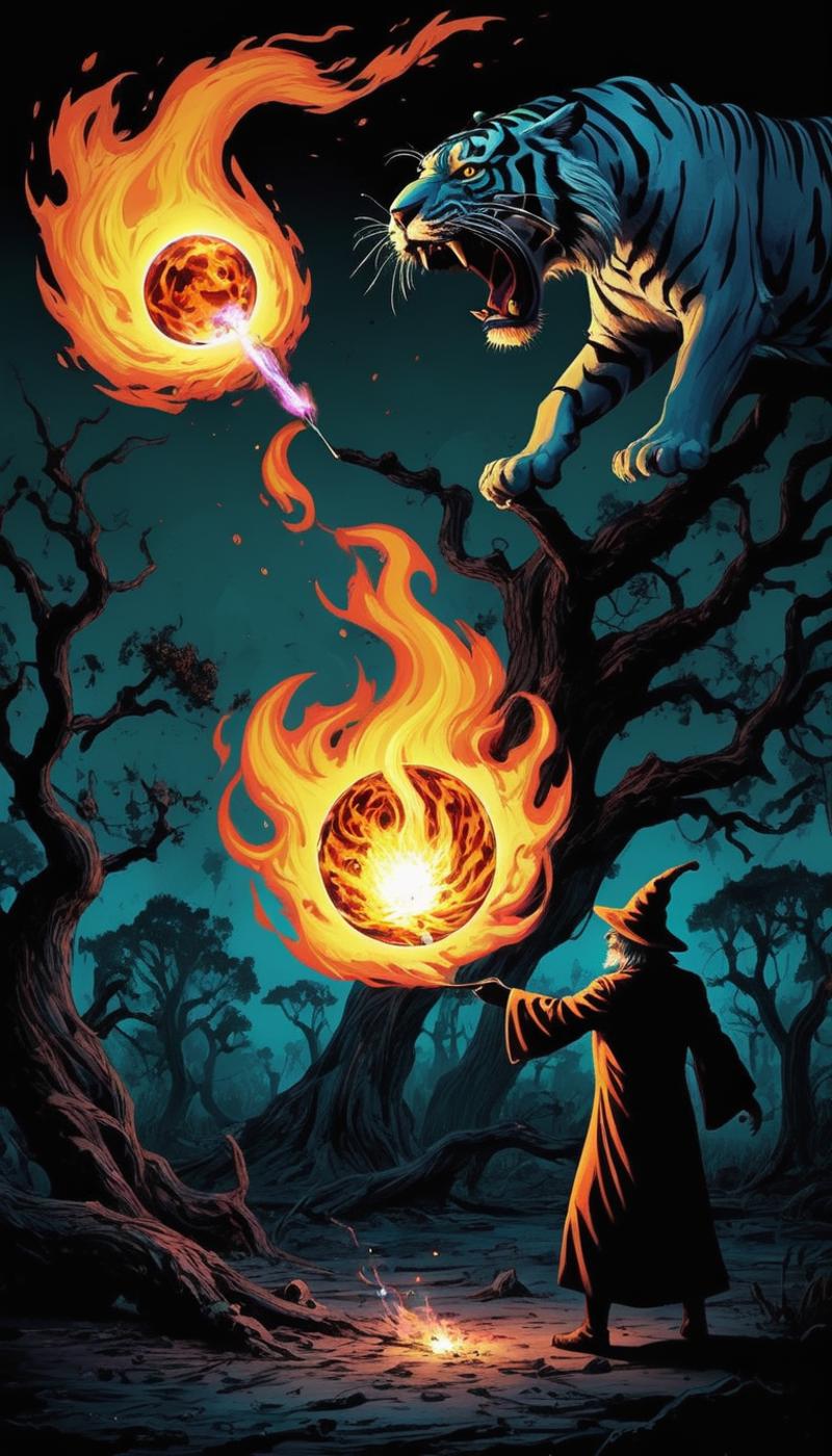 05394-4066432743-dark savannah background, french comic art style_BREAK_a wizard casting fireball at a tiger, trippy surrealism, psychedelic-before-highres-fix.png